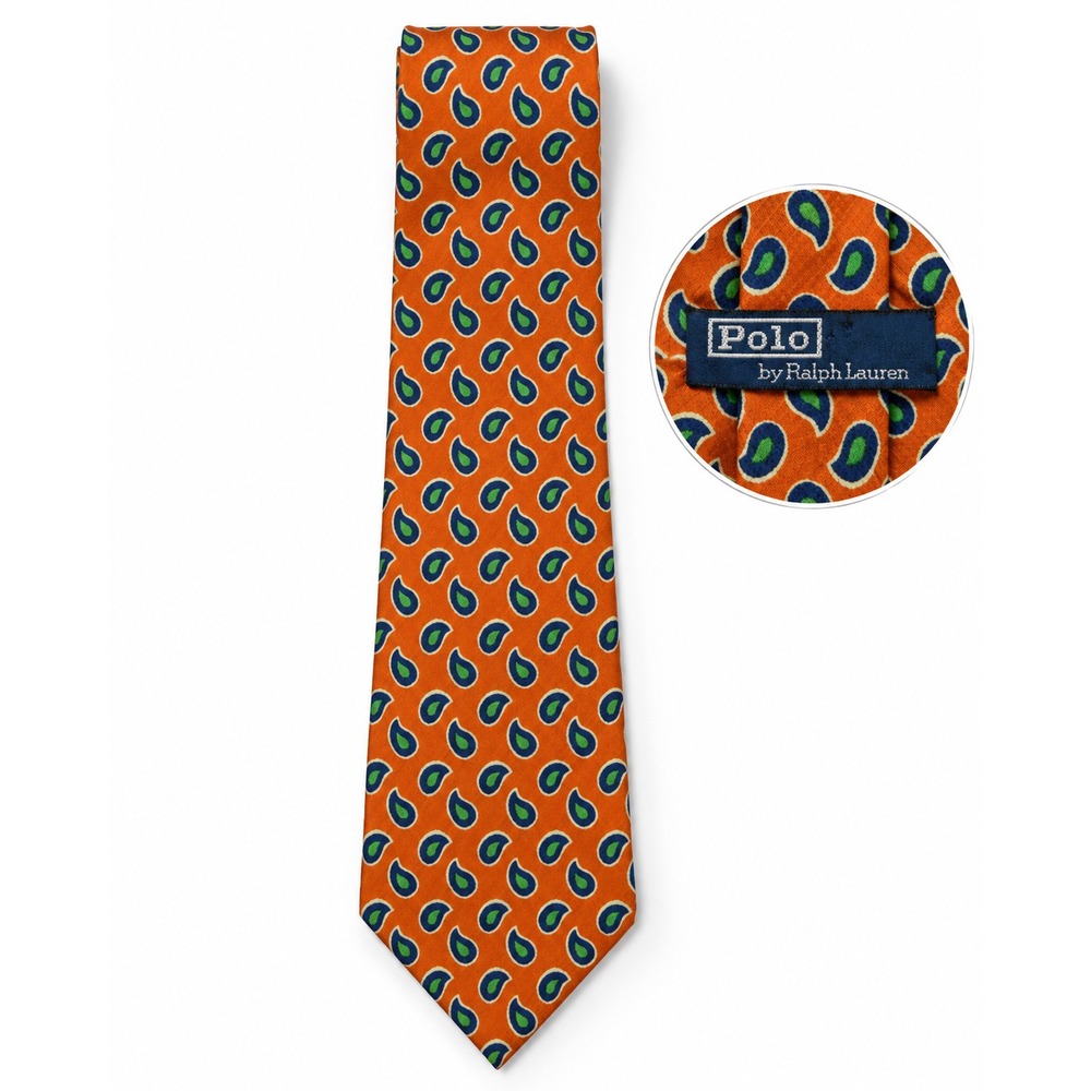 Polo Ralph Lauren Silk Necktie Mens Teardrop Paisley Orange Blue Green Classic